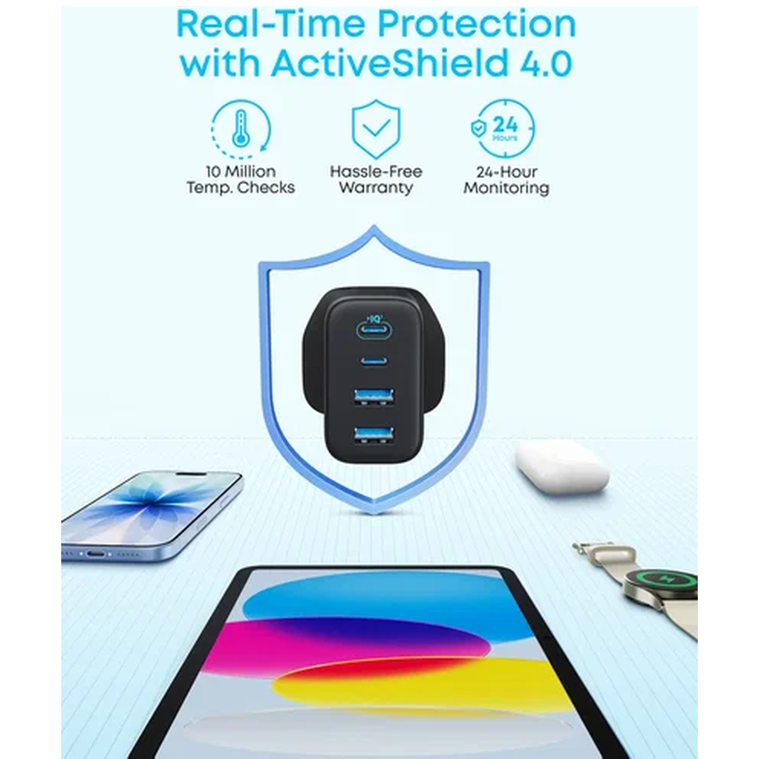 Charger with multiple ports, phone, tablet, watch, and white object on a blue background.