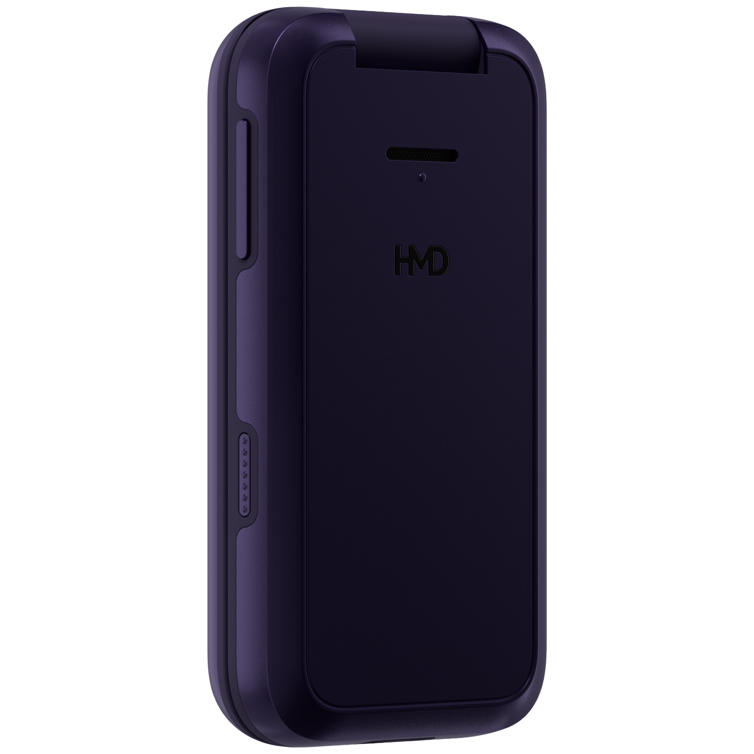 Een gesloten, donkerpaarse klaptelefoon met het HMD-logo op de voorkant.