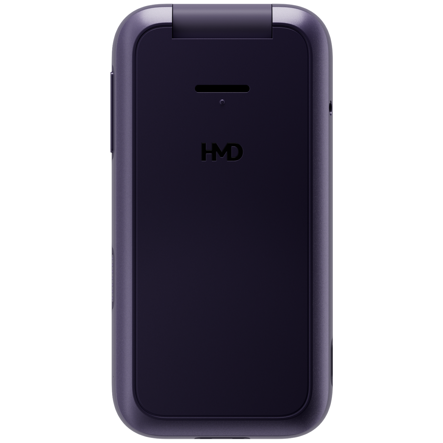 Een gesloten, donkerpaarse klaptelefoon met HMD-logo op een zwarte achtergrond.