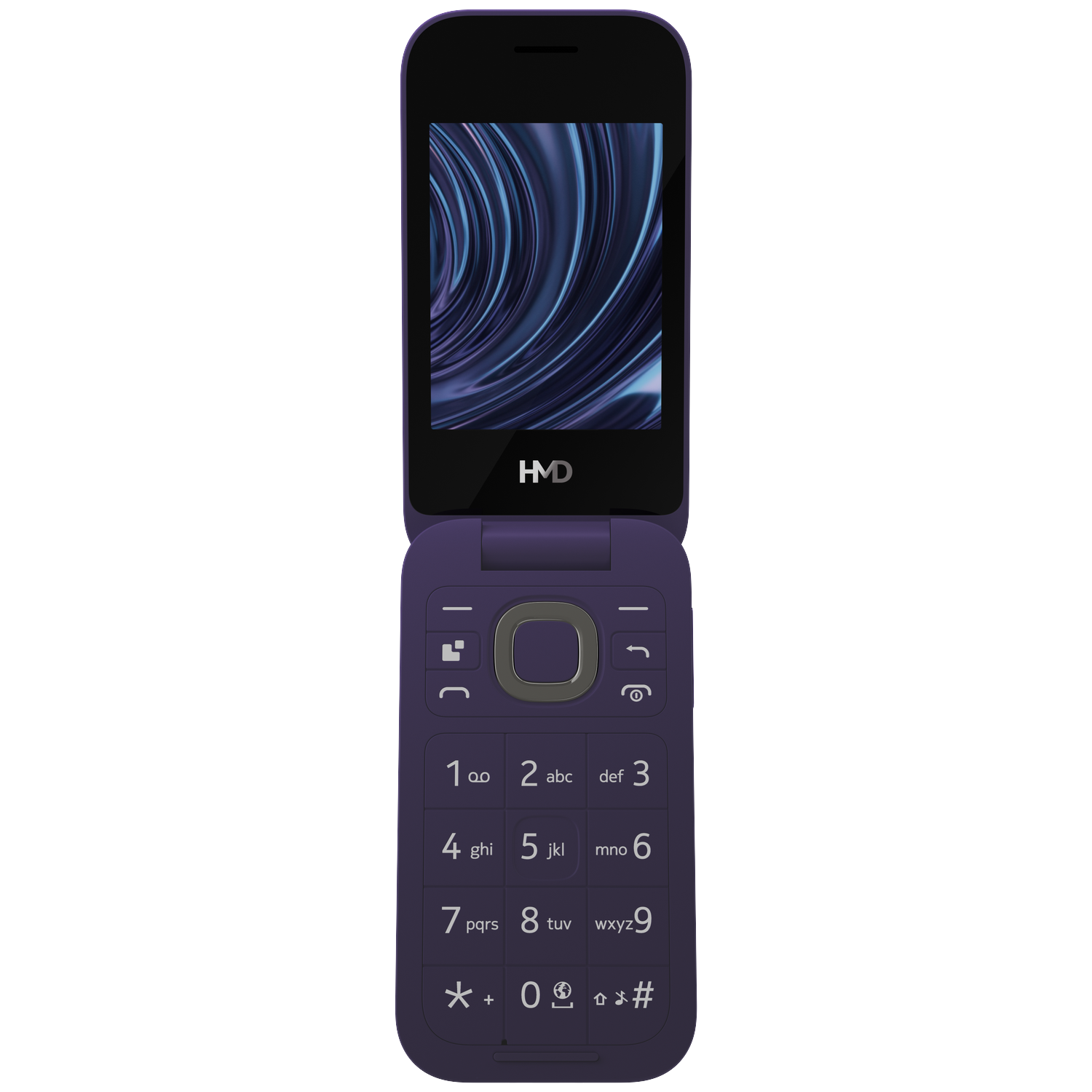 Een paarse klaptelefoon met HMD-logo en toetsenbord.