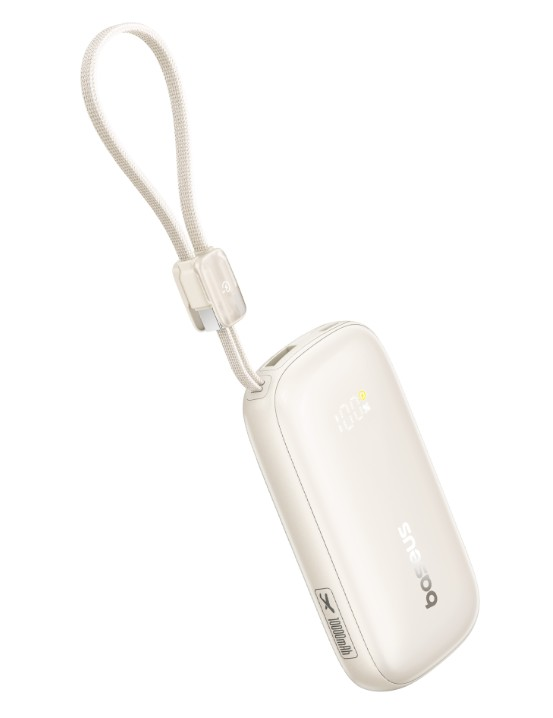 Krem rengi askılı powerbank, %100 şarj gösteriyor.