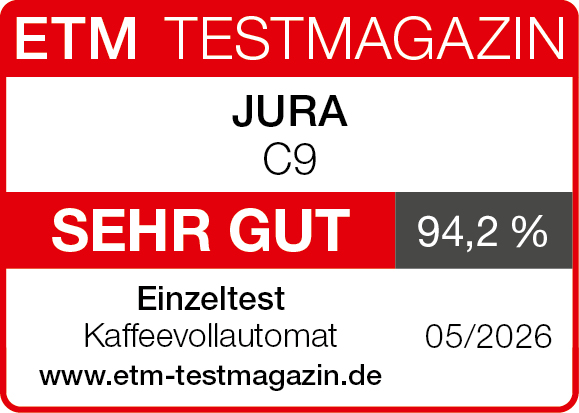 ETM TESTMAGAZIN Logo: JURA C9 mit 'SEHR GUT' und 94,2 % bewertet.