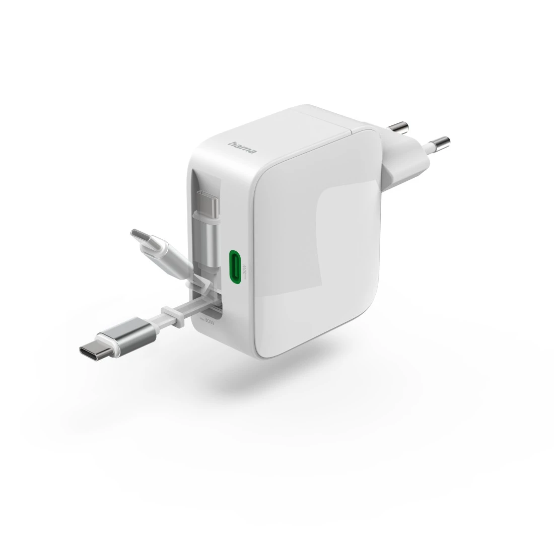 Egy fehér USB-C töltő két kábellel, egyik ezüst csatlakozóval.