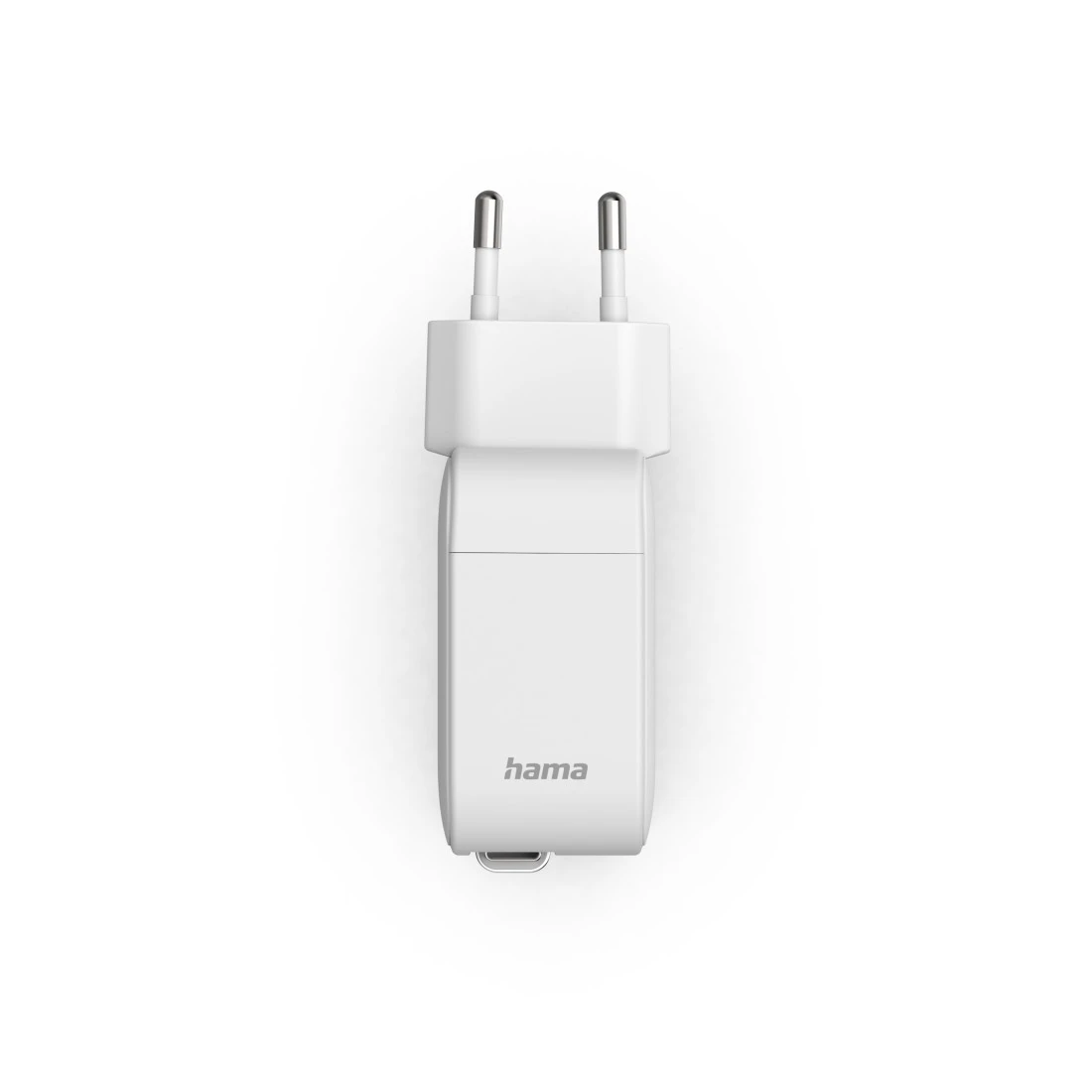 Egy fehér Hama hálózati adapter két ezüst csatlakozóval és egy USB porttal.