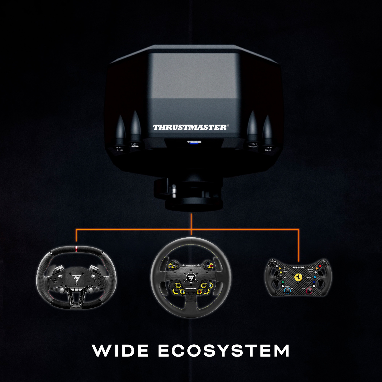 Base Thrustmaster con tre volanti sottostanti, collegati da linee arancioni.