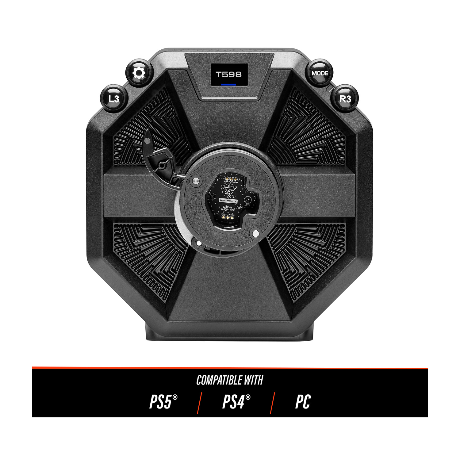Volante da gioco nero con display T598, pulsanti L3, R3 e Mode.