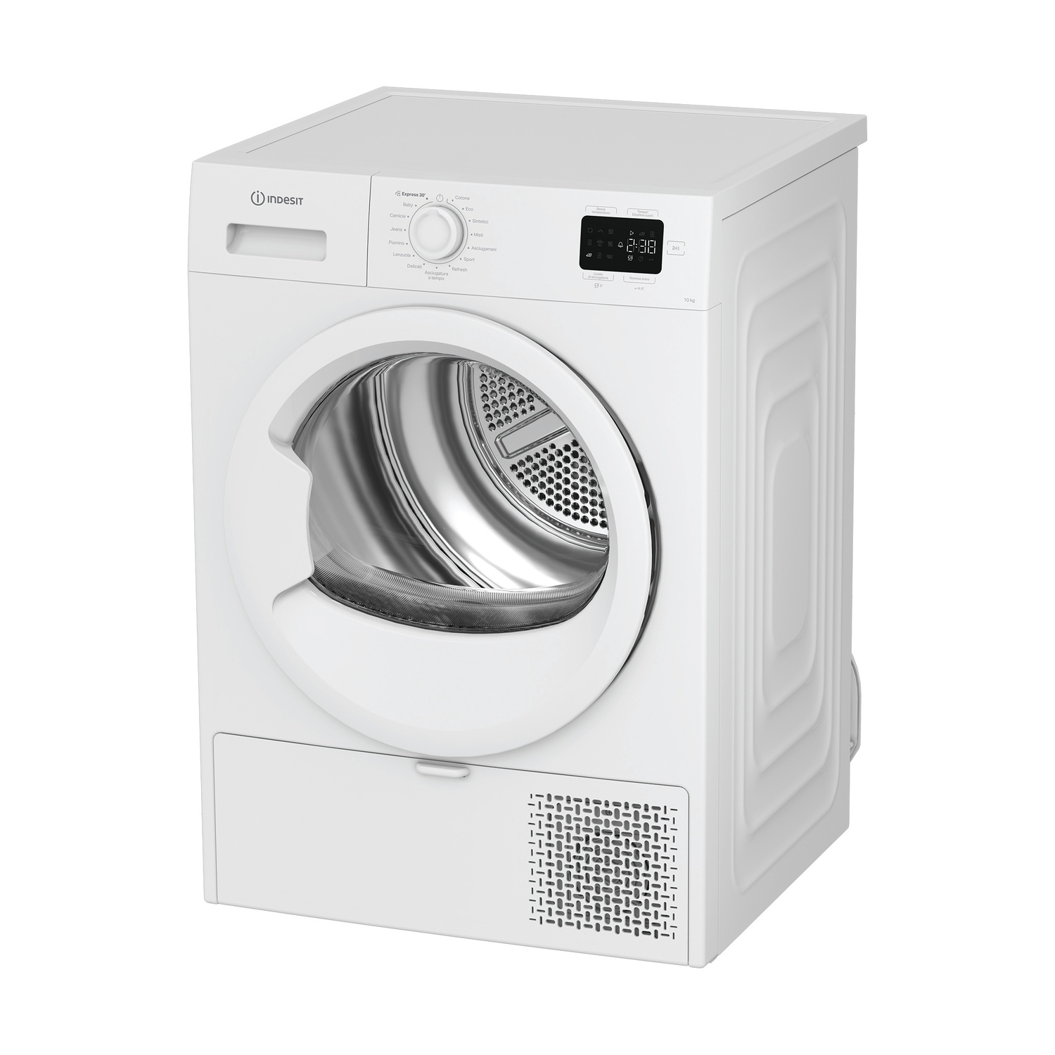 Un'asciugatrice Indesit bianca con display digitale e selettore.
