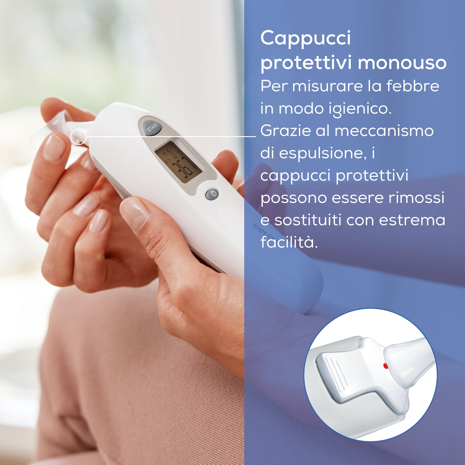 Una mano tiene un termometro digitale bianco con un cappuccio protettivo.