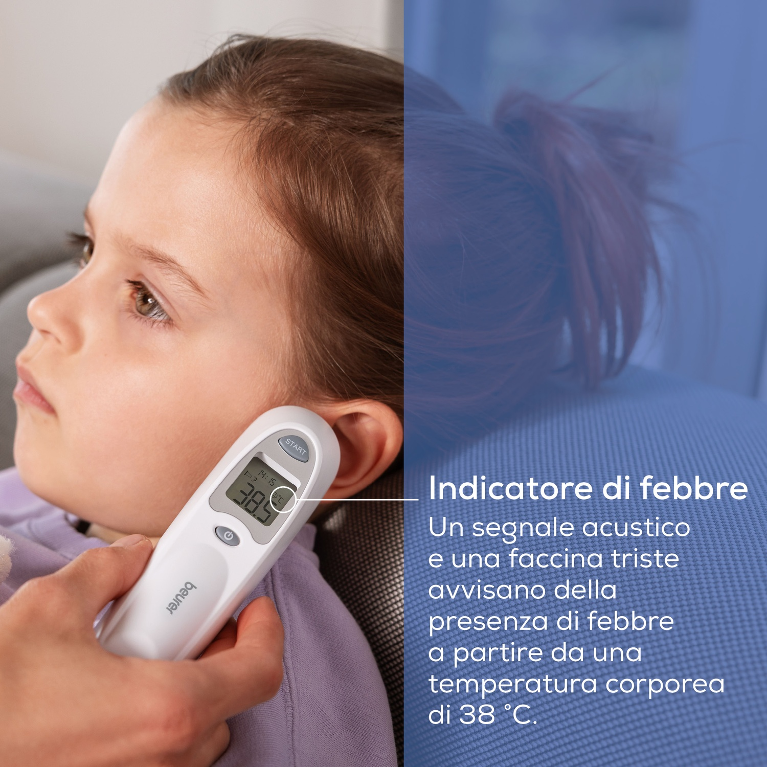 Un termometro misura la temperatura di un bambino. La lettura è 38,5°C.