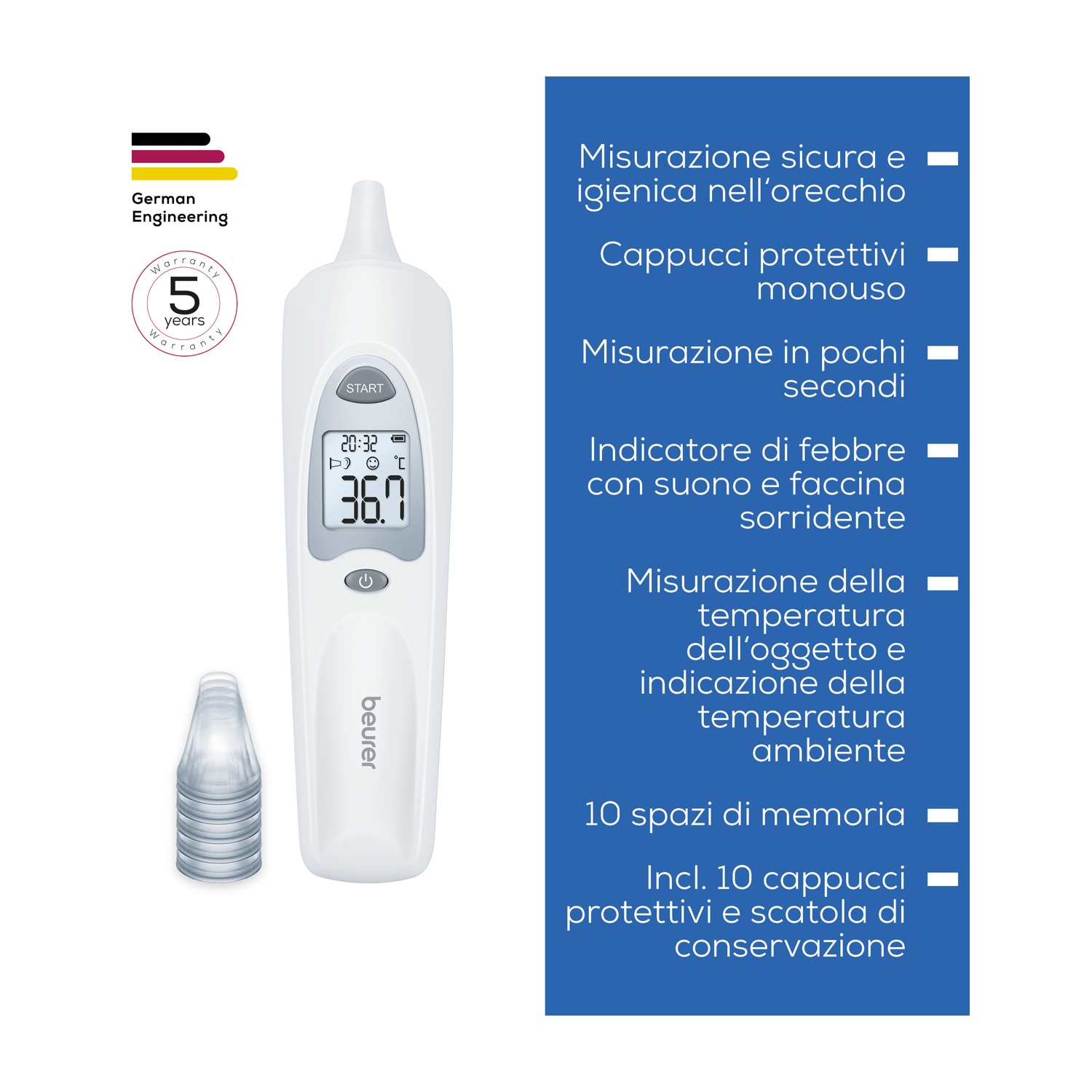 Un termometro digitale per orecchio bianco con accessori e descrizioni in tedesco.