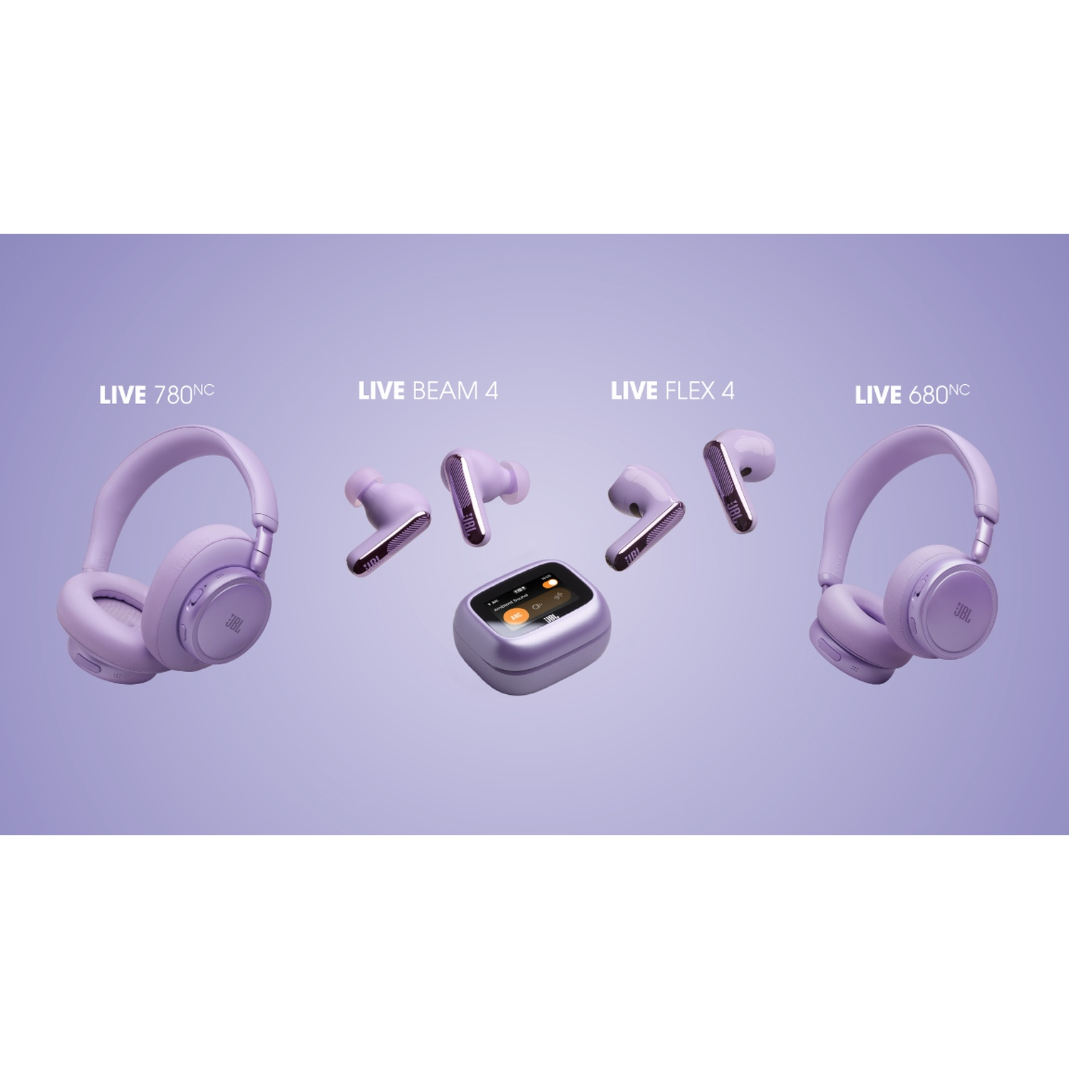 Casque et écouteurs JBL violets, avec étui de chargement, sur fond violet.