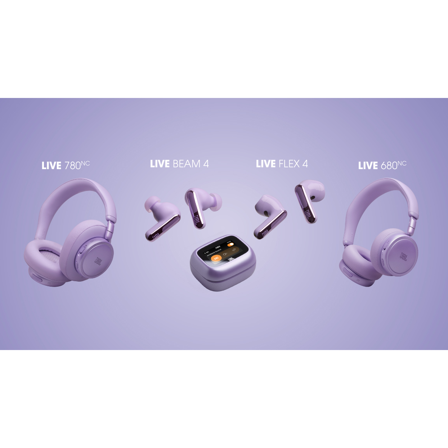 Purple JBL headphones and earbuds in various models displayed.