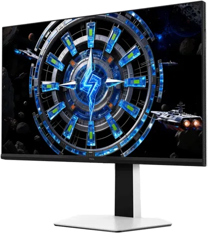 Egy monitor futurisztikus űrjelenetet mutat űrhajókkal és egy csillagbázissal.