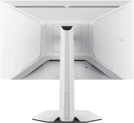 Fehér monitor hátulnézete TCL logóval és elegáns állvánnyal.