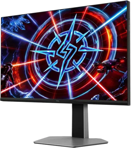 Gaming monitor futurisztikus jelenettel, kék csillaggal és sci-fi karakterekkel.
