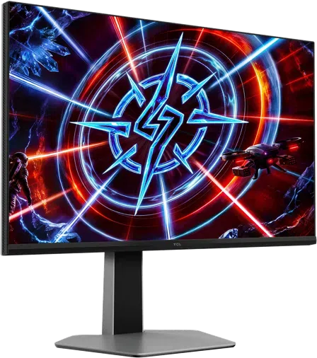 Egy gamer monitor dinamikus sci-fi képet jelenít meg kék csillaggal és vörös sugarakkal.