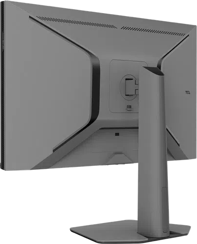Szürke monitor hátulnézete, állvánnyal és szellőzőrésekkel.