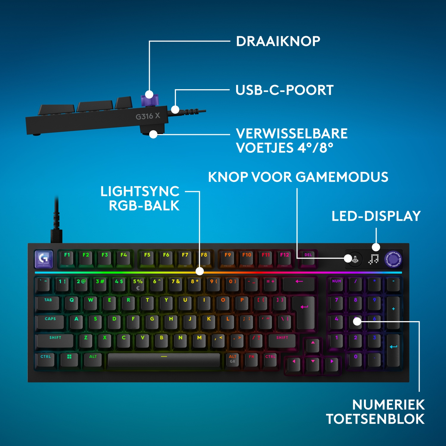 Zwart toetsenbord met RGB-verlichting, draaiknop, USB-C poort en LED-display.