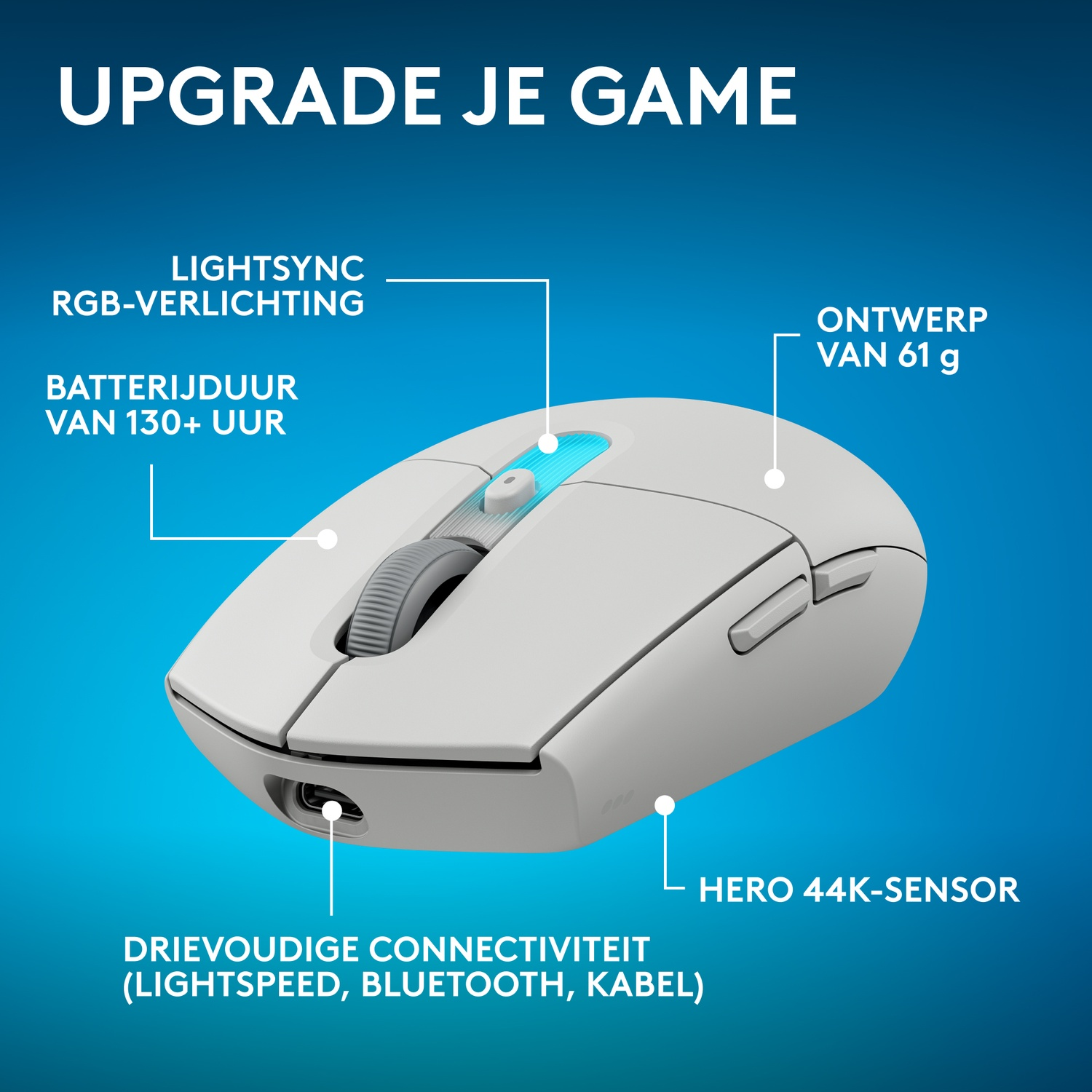Witte gamingmuis met RGB-verlichting, 130+ uur batterij, 61g.