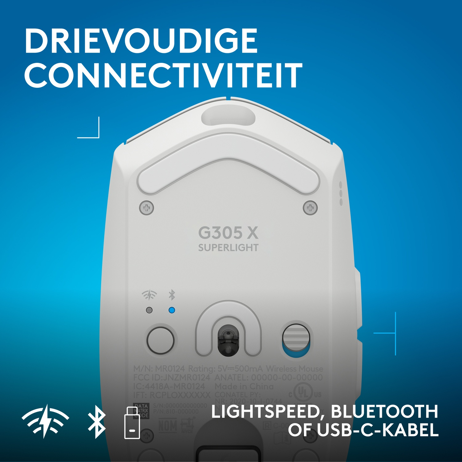 Onderkant van een witte Logitech G305 X Superlight muis met tekst en iconen.