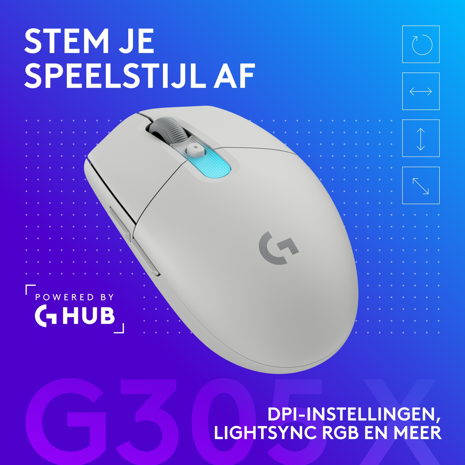 Witte Logitech gamingmuis met blauwe verlichting, G Hub logo en tekst.