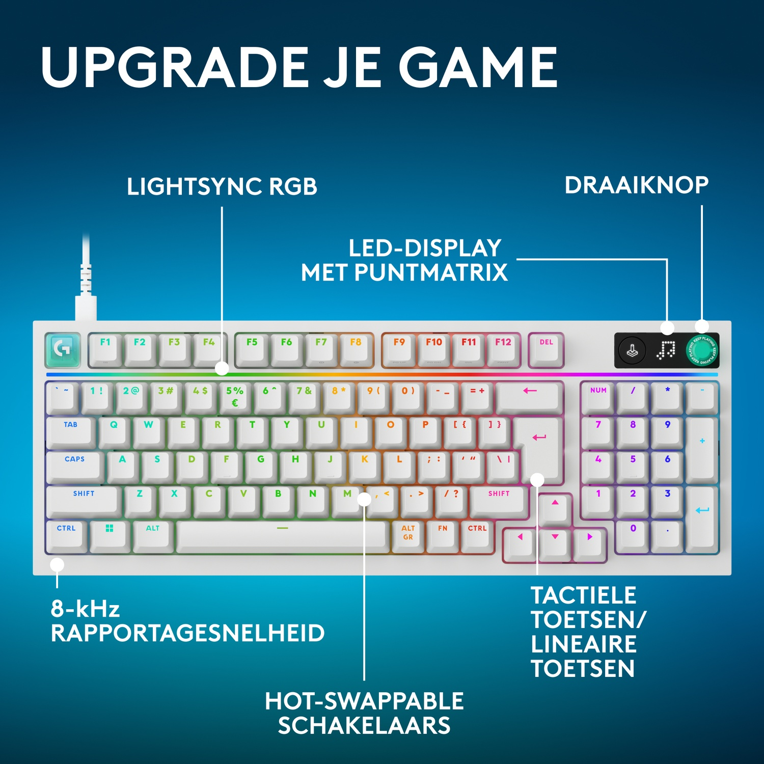 Een witte toetsenbord met RGB-verlichting, numpad en draaiknop.