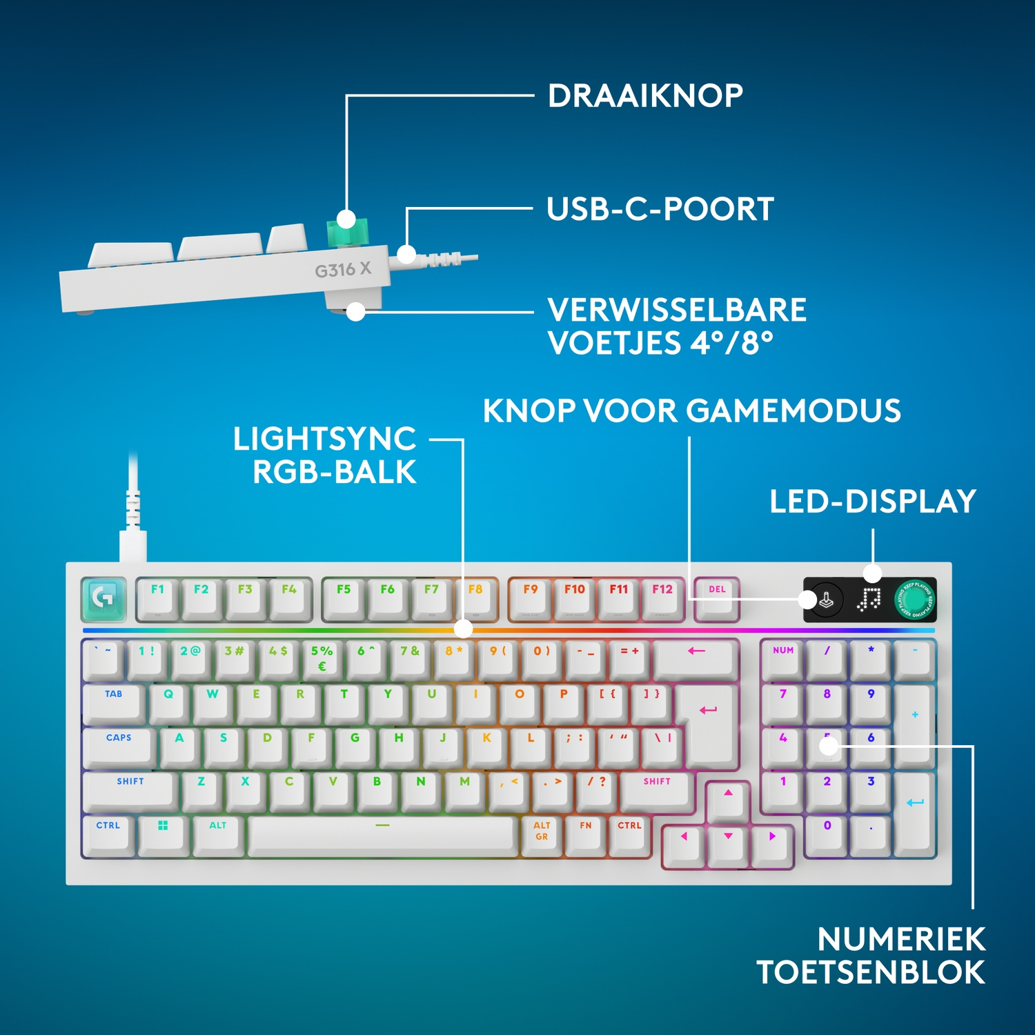 Een wit gaming toetsenbord met RGB-verlichting, numpad en labels.