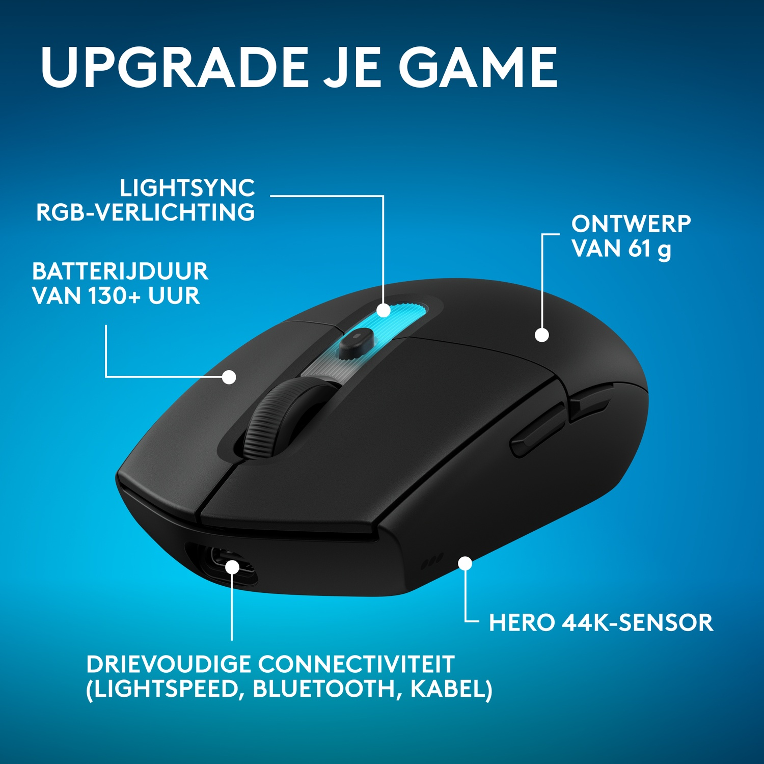 Zwarte muis met RGB-verlichting, 130+ uur batterij, 61g, HERO-sensor.