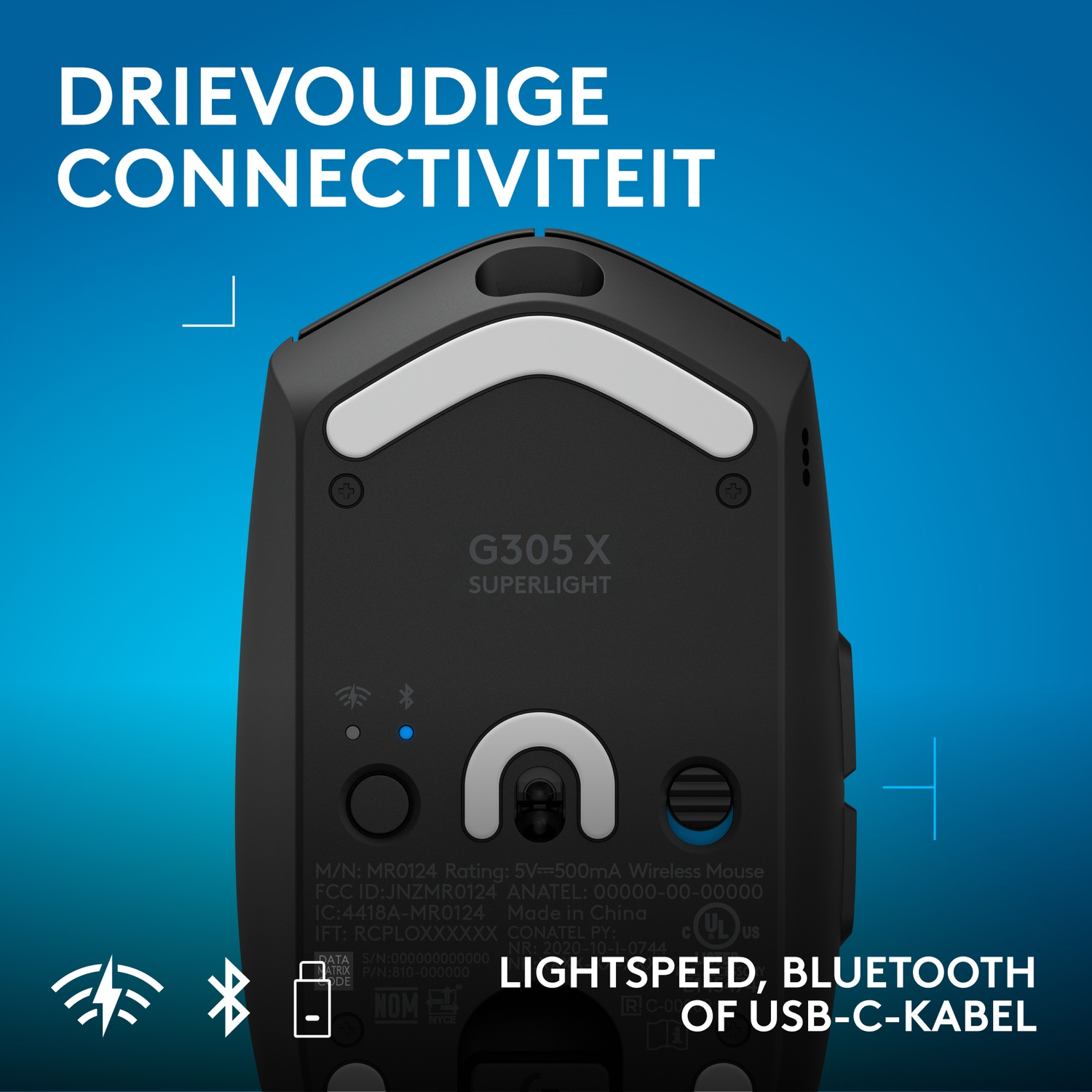 De onderkant van een zwarte Logitech G305 X Superlight muis met tekst.