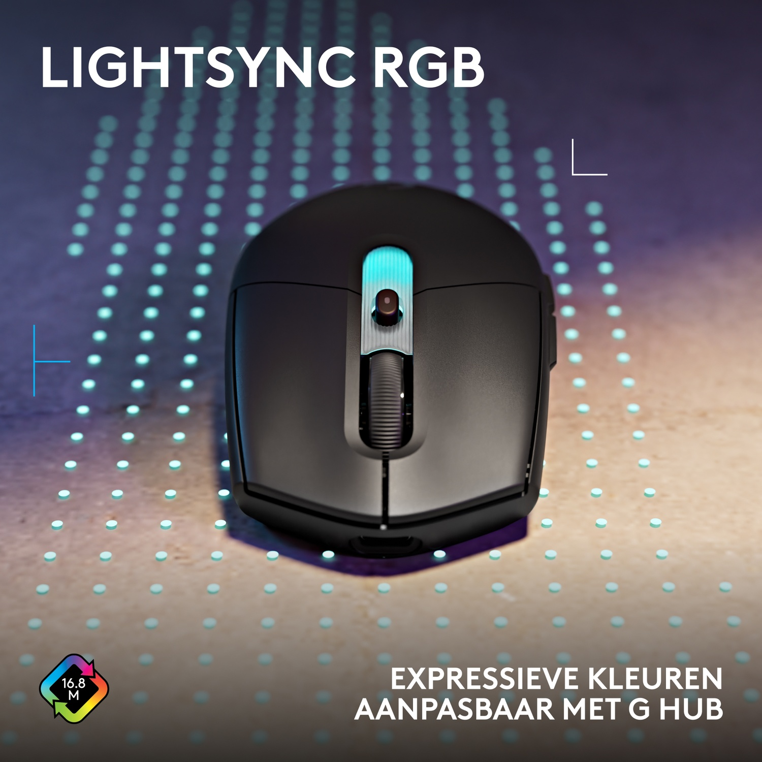 Zwarte draadloze muis met RGB-verlichting, op textuurondergrond met LED-stippen.