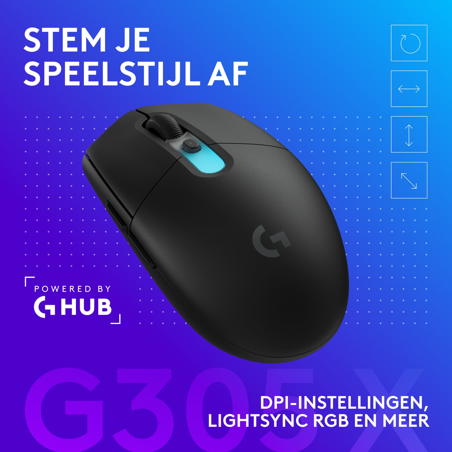 Zwarte gamingmuis met blauw licht op een blauw-paarse achtergrond.