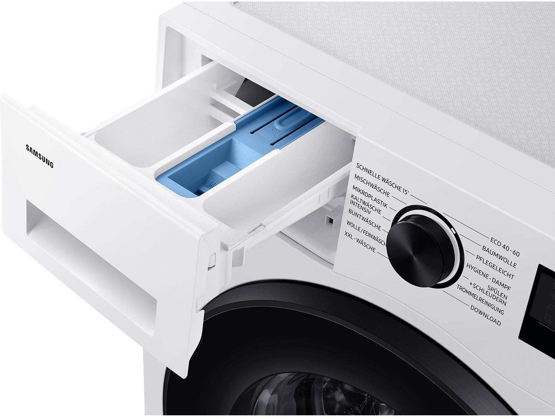Una lavatrice Samsung bianca con cassetto detersivo aperto e pannello di controllo.