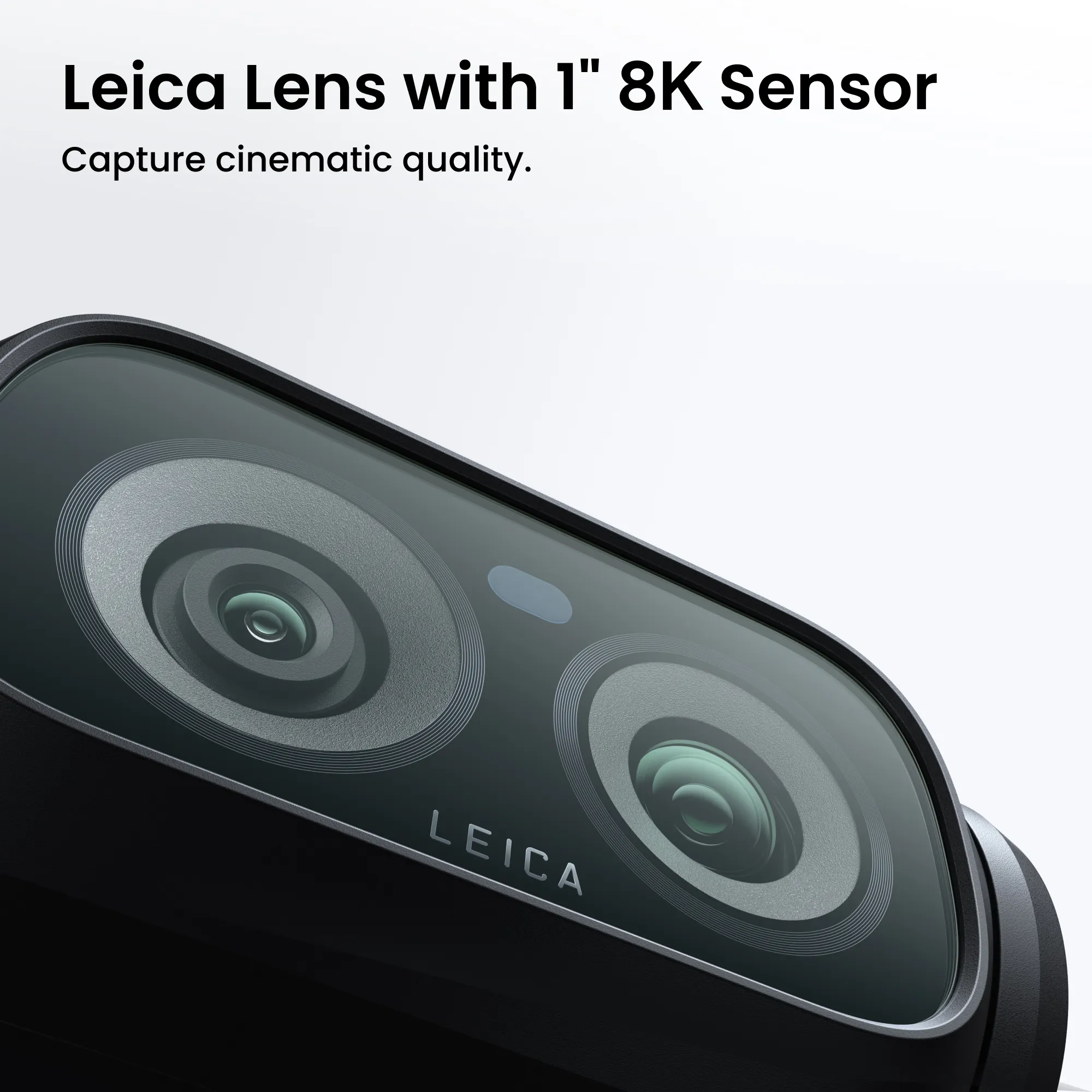 Nahaufnahme der Leica-Kamera mit 1" 8K-Sensor und Text.