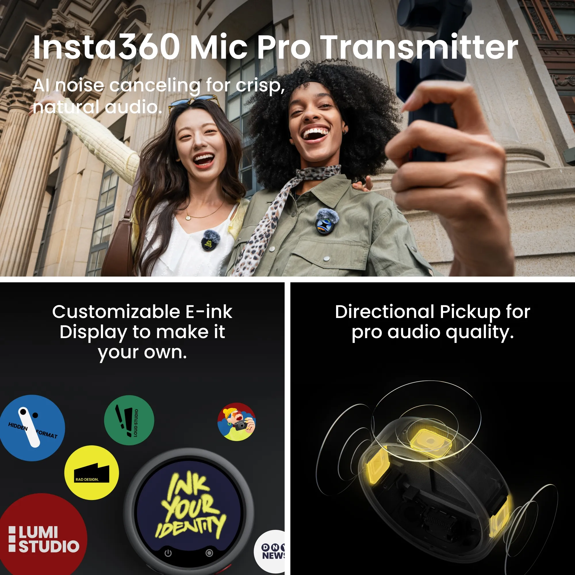 Zwei Frauen lachen, Insta360 Mic Pro Transmitter, E-Ink-Display und Mikrofon-Aufnahme.
