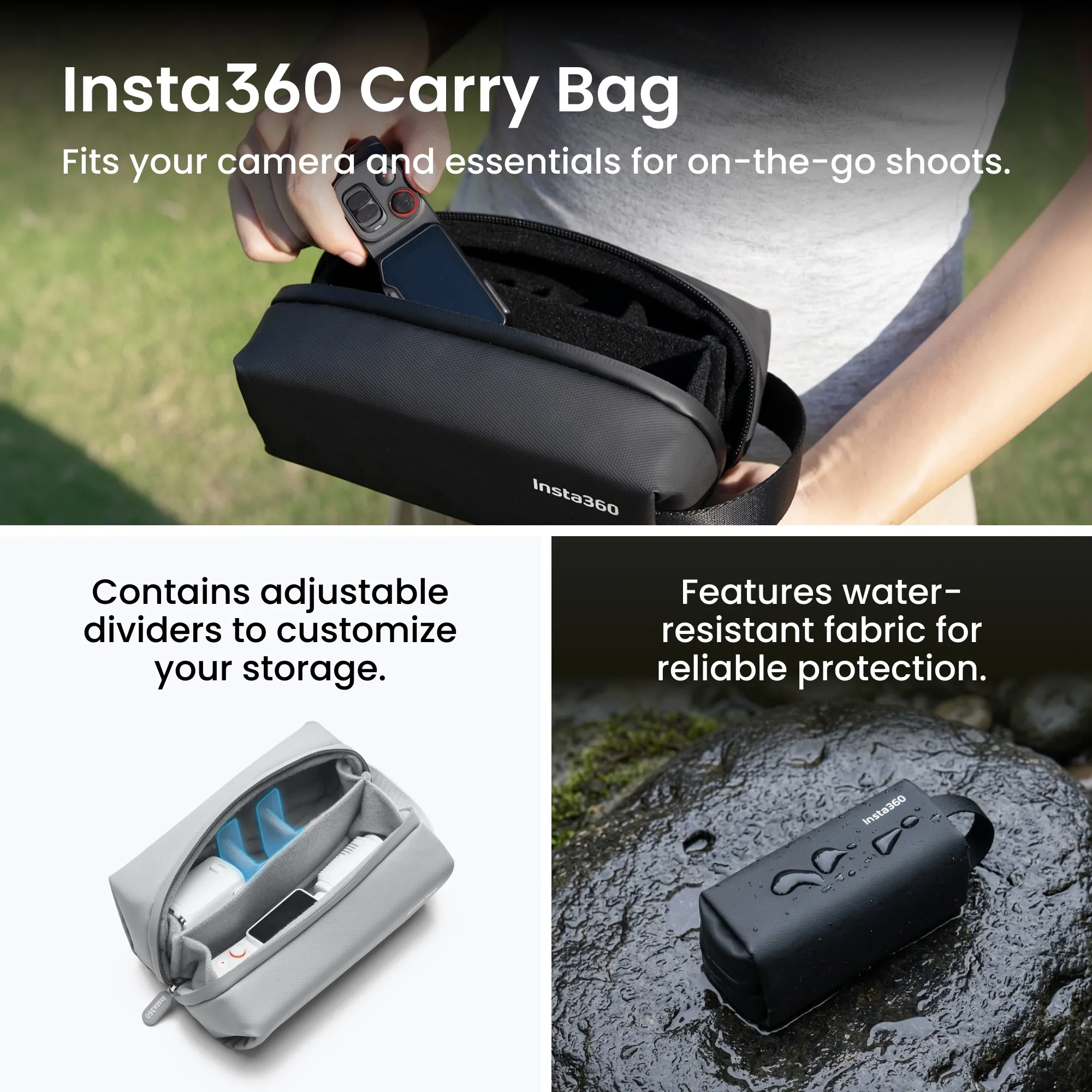 Insta360 Tragetasche mit Kamera und Zubehör, graue und schwarze Varianten.