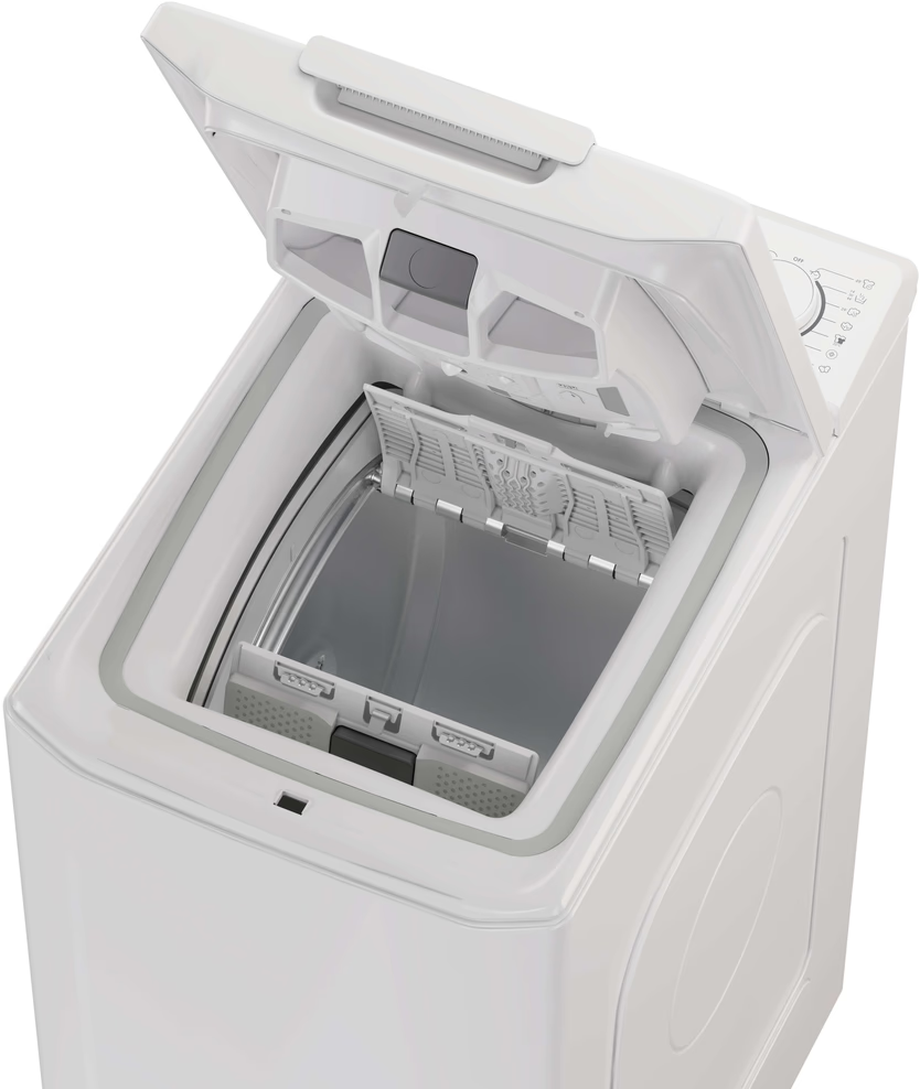 Lavatrice bianca aperta con coperchio e dispenser detersivo visibili.