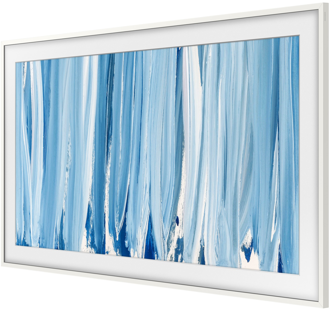 Ein weißer Bilderrahmen mit abstrakter blauer und weißer Pinselstrichkunst.