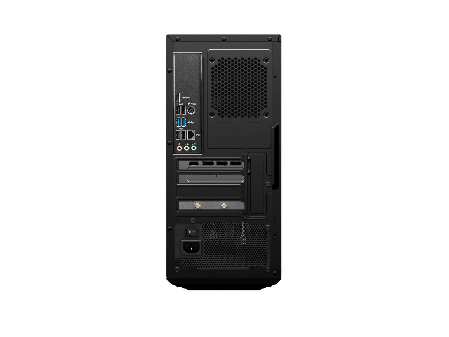 Parte trasera de una torre de PC negra con puertos, ventilación y interruptor.