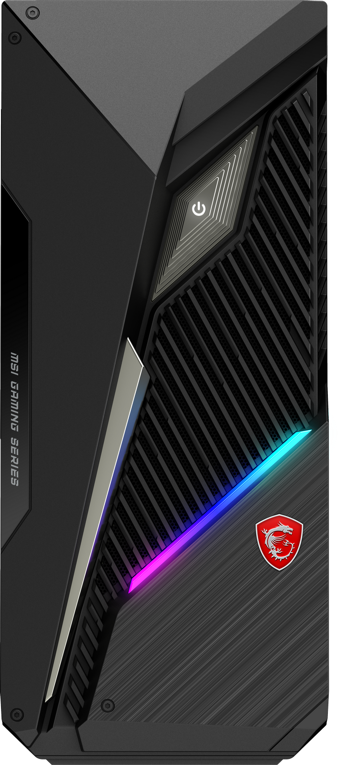 Caja de PC gaming negra con botón de encendido iluminado, luces RGB y logo MSI.