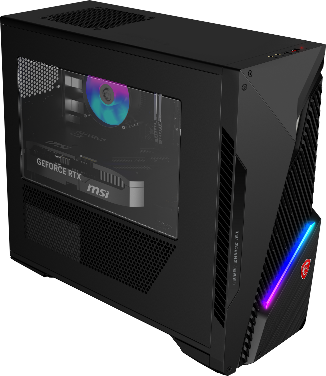 PC gaming negro con ventilador RGB, tarjeta gráfica RTX y franja iluminada.