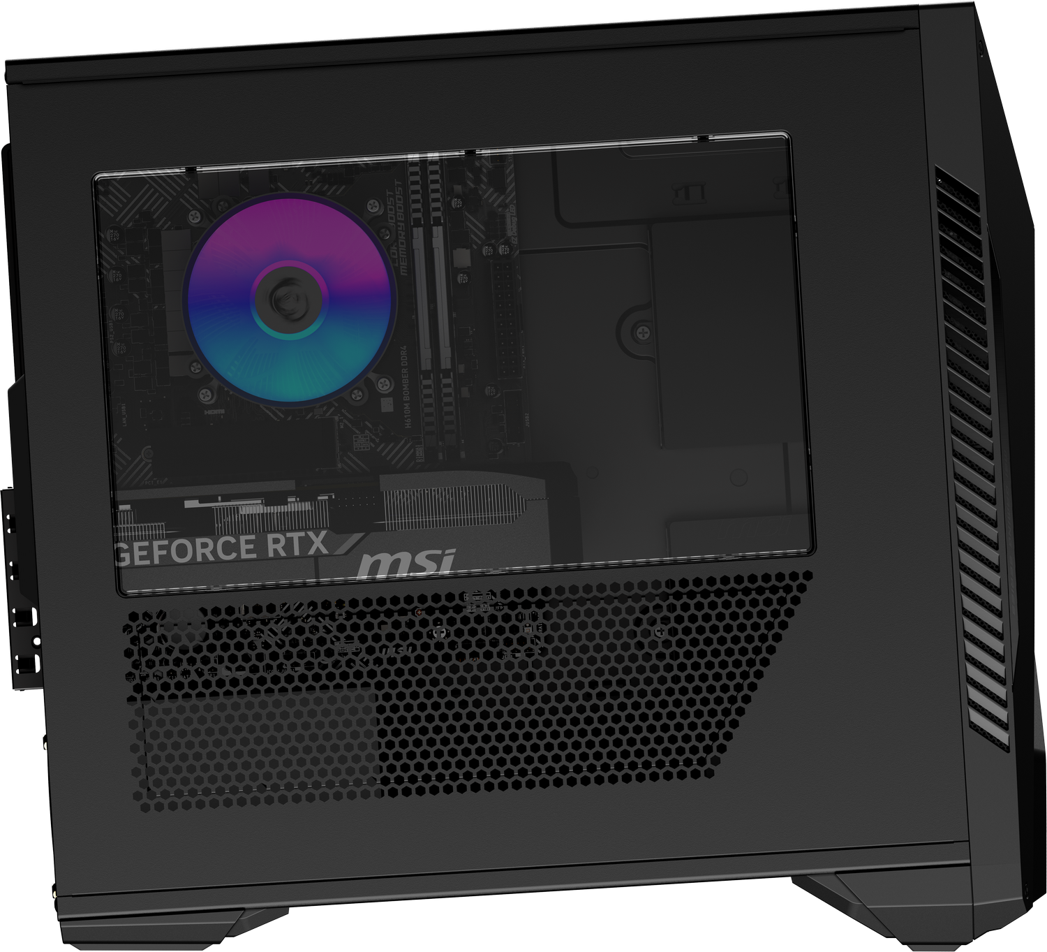 Una caja de PC negra con ventana lateral transparente que muestra una tarjeta gráfica y un ventilador.
