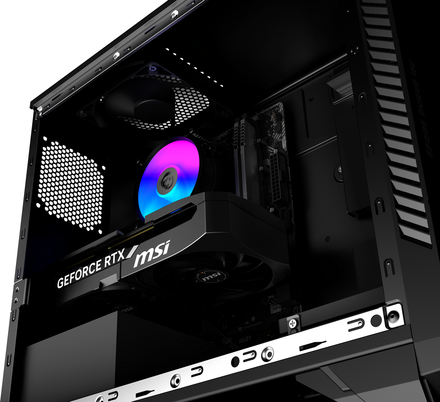 Una caja de PC para juegos con una GPU brillante y ventiladores.