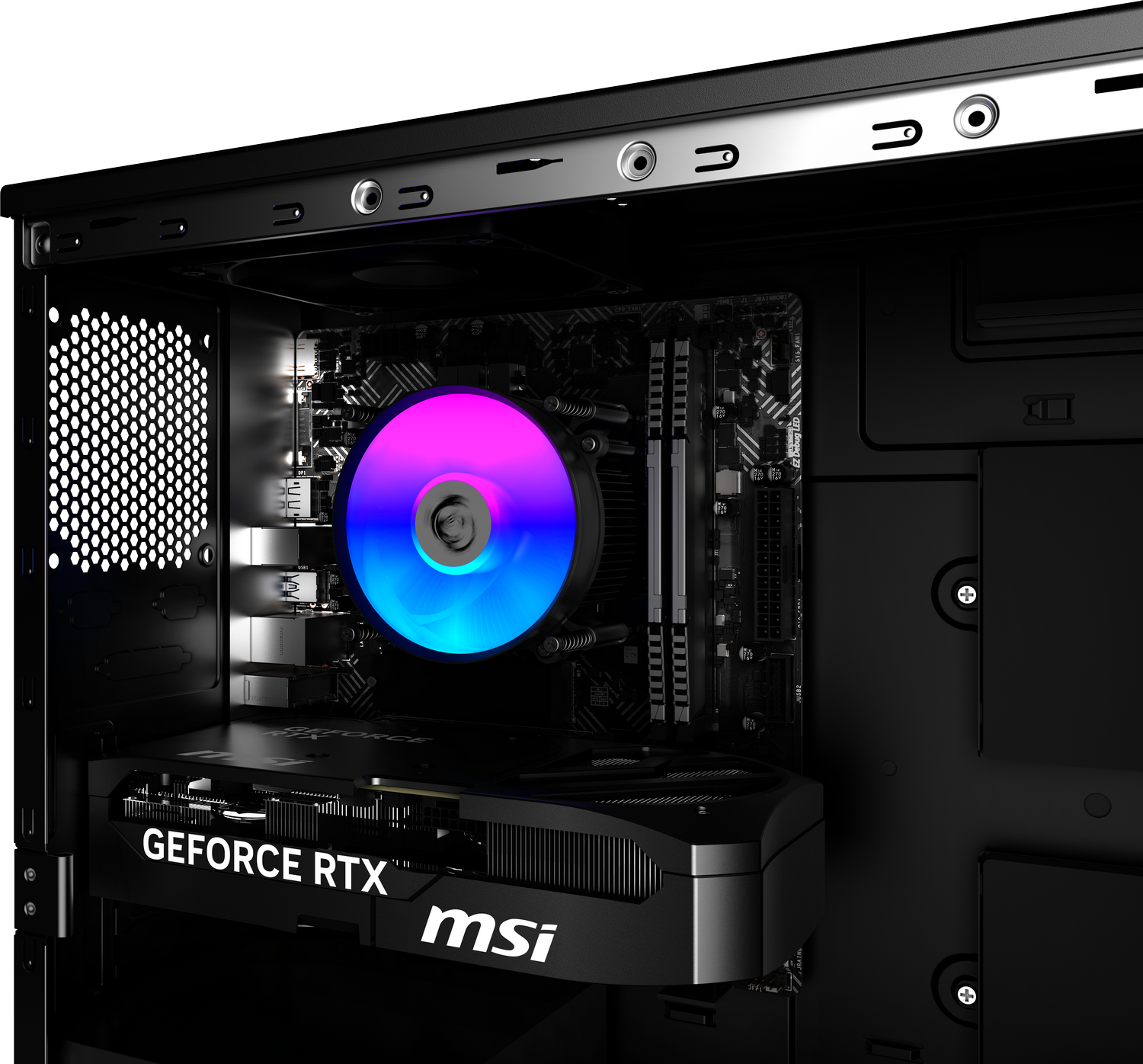 Dentro de una caja de PC negra: ventilador RGB, tarjeta gráfica MSI GeForce RTX, placa base.