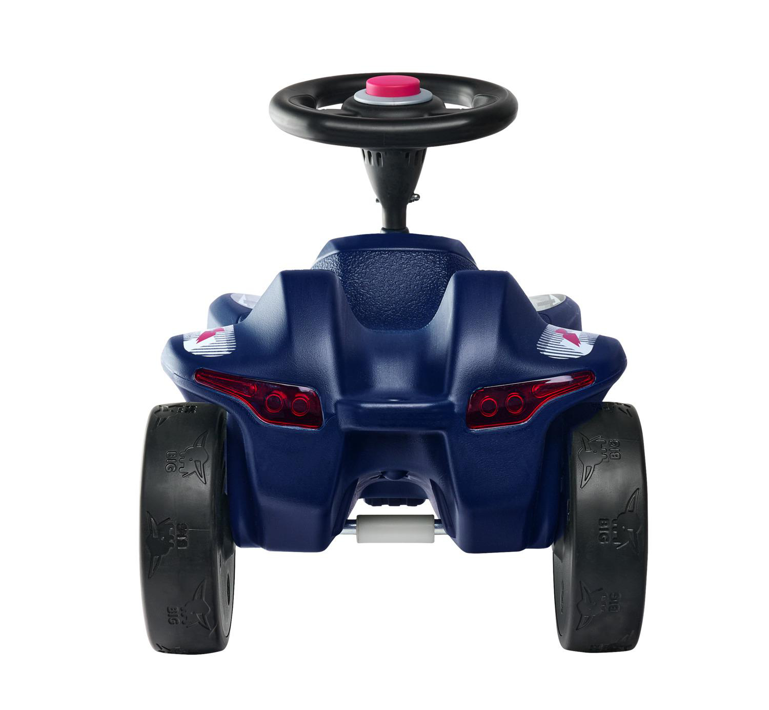 Dunkelblaues Kinderauto mit Lenkrad und roten Rückleuchten.