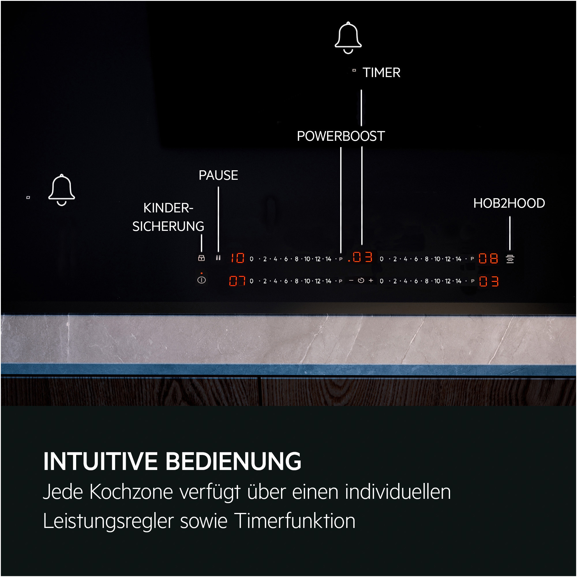 Bedienfeld einer Kochplatte mit digitalen Anzeigen für Leistung, Timer und Funktionen.