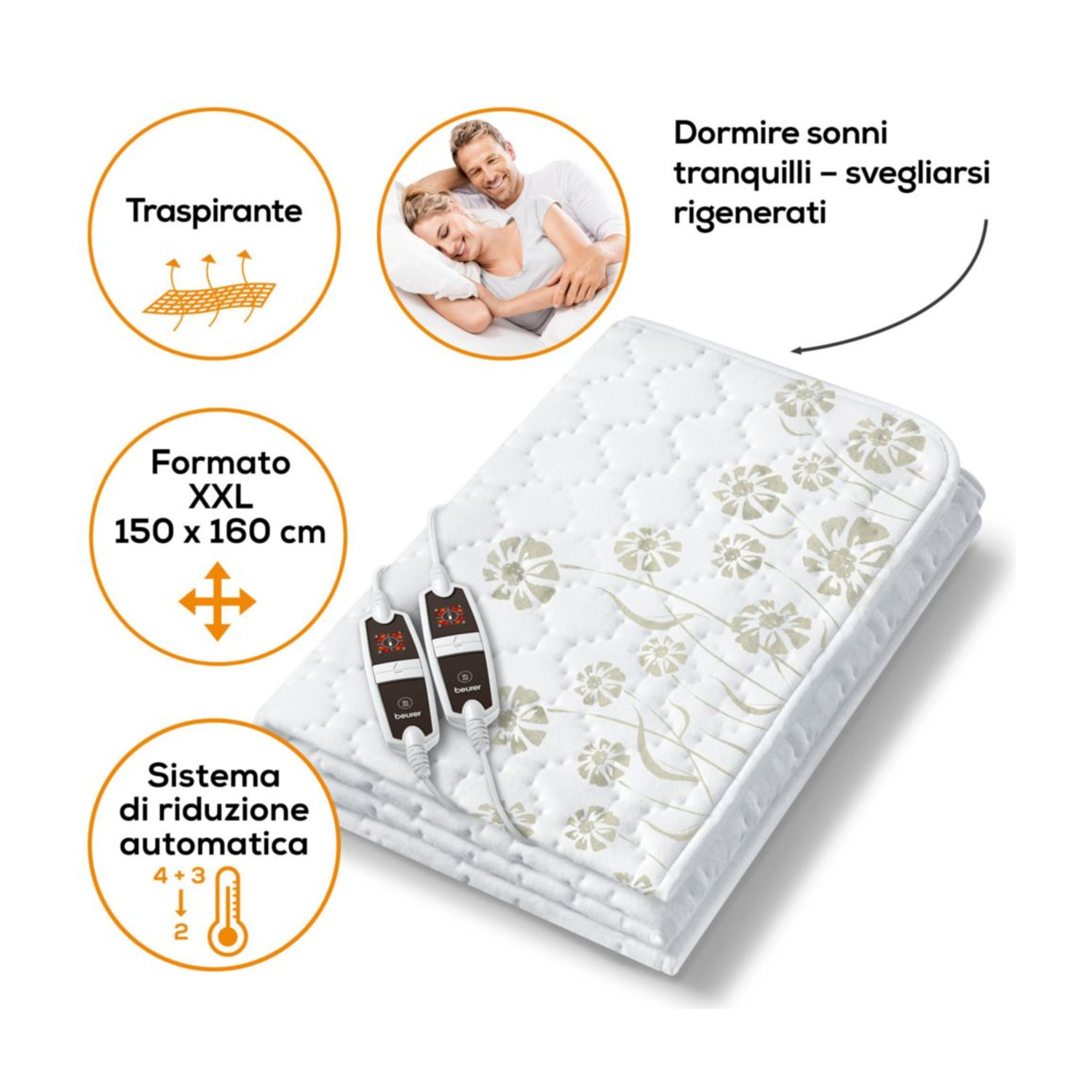 Coperta termica Beurer XXL 150x160cm con 2 controlli, traspirante e con spegnimento automatico.