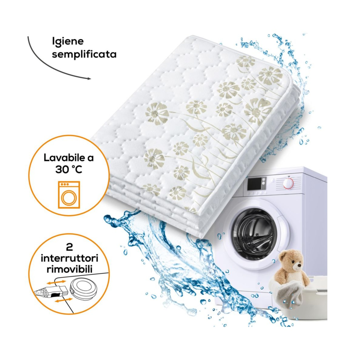 Una coperta trapuntata bianca con motivo floreale accanto a una lavatrice con acqua.