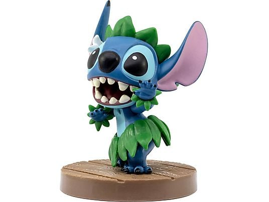 Una figura azul con hojas verdes sobre una base de madera.