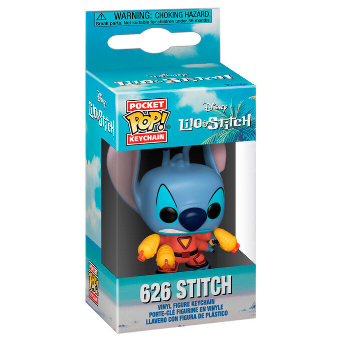 Una pequeña figura azul de Stitch con elementos amarillos en una caja tropical.