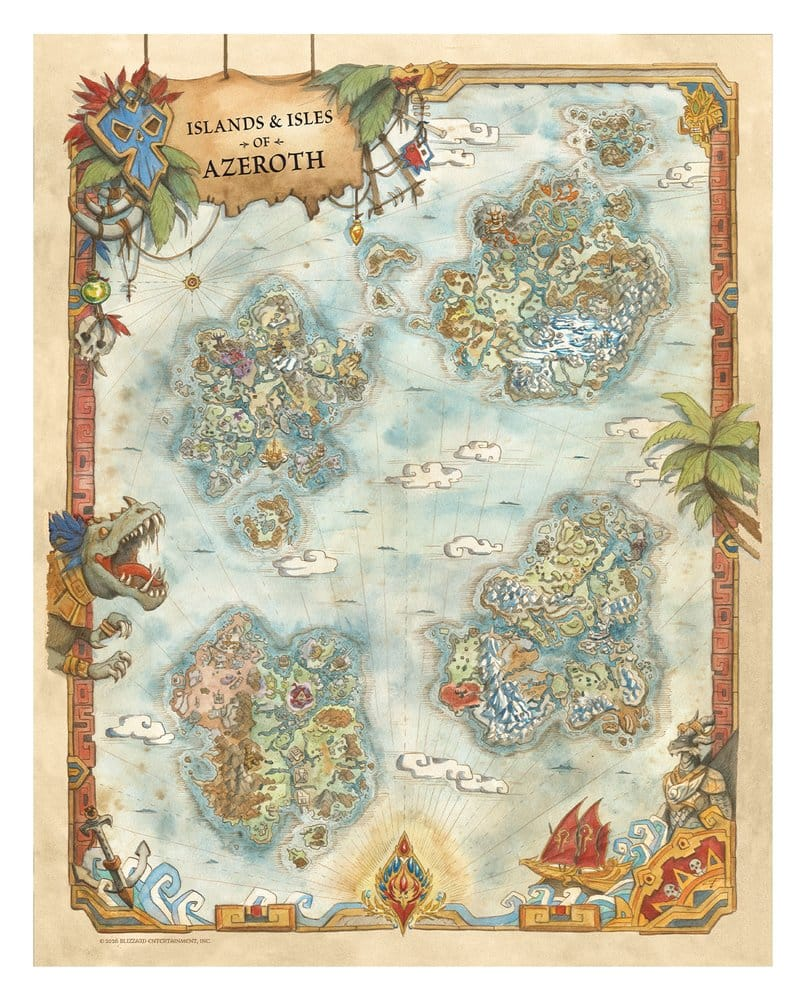 Mapa de Islas e Islotes de Azeroth con islas, nubes, dragones y barcos.
